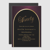90th誕生日ブラックブルゴーニュ金ゴールドアーチ贅沢 マグネット招待状 (正面/裏面)