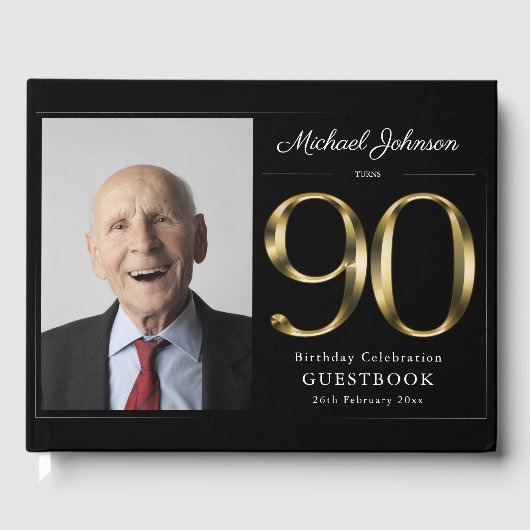 90th誕生日ブラック金ゴールドタイポグラフィクラスカスタム ゲストブック (正面)