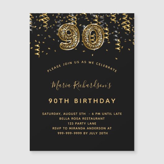 90th誕生日ブラック金ゴールドヒョウ印刷ラグジュアリー マグネット招待状 (正面)