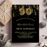 90th誕生日ブラック金ゴールドヒョウ印刷 インビテーションポストカード<br><div class="desc">90歳モダンのスタイリッシュ誕生日パーティーへの華やかな招待。黒い背景飾と紙吹雪。名前は手書文字のスタイルスモダンクリプト付き。カスタマイズしてパーティー詳細を追加する。90番は書トレンディーバルーンスタイルフォント、ヒョウ柄。</div>