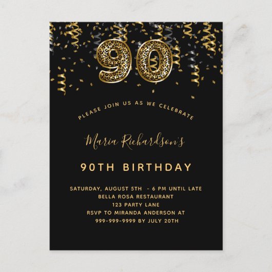 90th誕生日ブラック金ゴールドヒョウ印刷 インビテーションポストカード (正面)