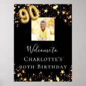 90th誕生日ブラック金ゴールド星写真ようこそ ポスター (正面)