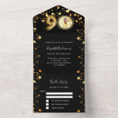 90th誕生日ブラック金ゴールド星写真rsvp オールインワン招待状 (内側)