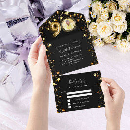 90th誕生日ブラック金ゴールド星写真rsvp オールインワン招待状