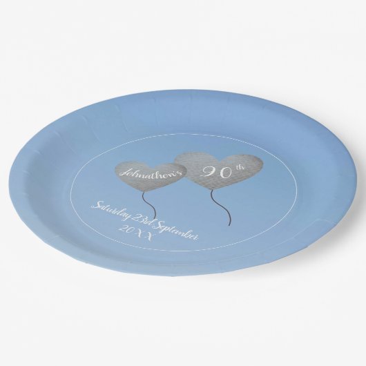 90th誕生日ブルースカイ&シルバーバルーン ペーパープレート (アングル)