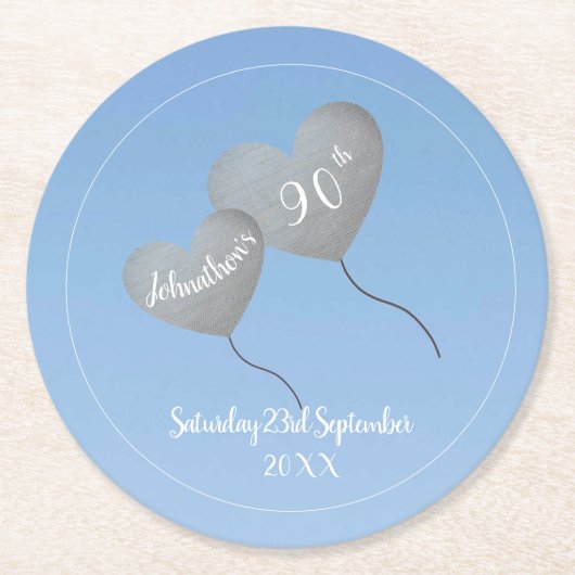 90th誕生日ブルースカイ&シルバーバルーン ラウンドペーパーコースター (正面)