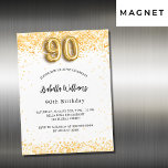 90th誕生日ホワイト金ゴールドグリッターラグジュアリー マグネット招待状<br><div class="desc">90歳エレガントの誕生日パーティー。シックな白い背景。フェイク飾金ゴールドグリッター、きらめき。名前、年齢、およびパーティー詳細をカスタマイズして追加する。名前は手書入力のスタイルスクリプトで指定する。バルーン付き90番スタイルフォント。</div>