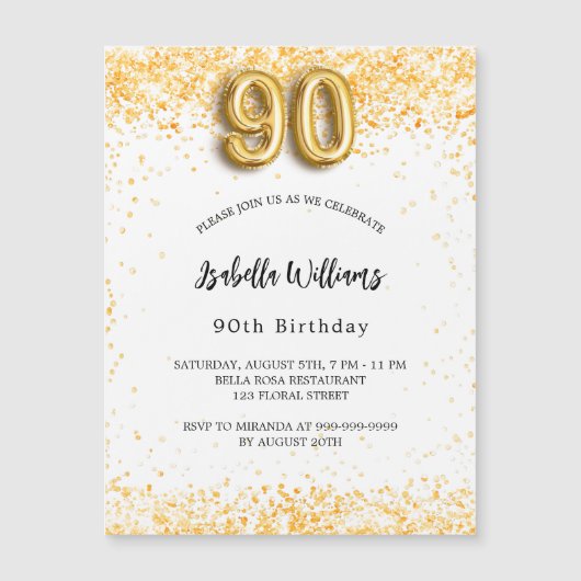 90th誕生日ホワイト金ゴールドグリッターラグジュアリー マグネット招待状 (正面)
