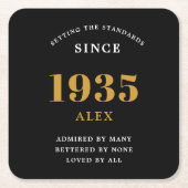 90th誕生日名1935ブラック金ゴールドシック スクエアペーパーコースター (正面)