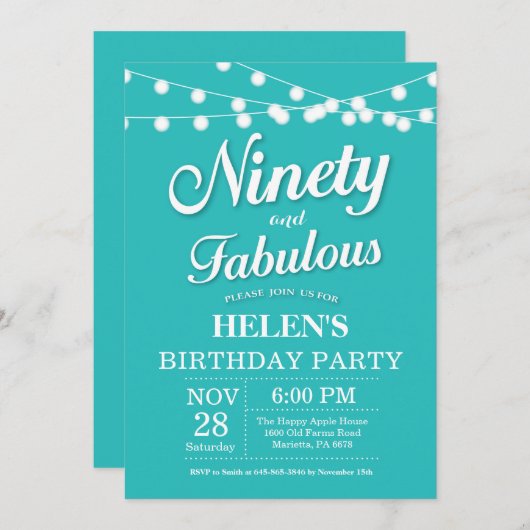 90th誕生日招待状アクアターコイズファブラス 招待状 (正面/裏面)