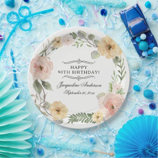 90th誕生日水彩フローライエローピンクローズ ペーパープレート (パーティー)
