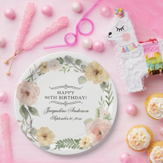 90th誕生日水彩フローライエローピンクローズ ペーパープレート (パーティー)