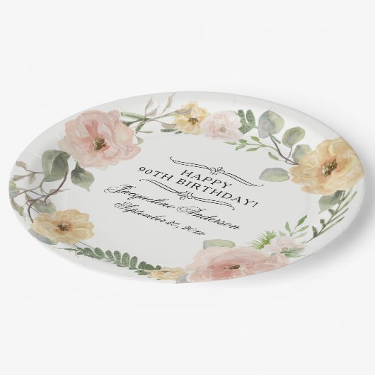 90th誕生日水彩フローライエローピンクローズ ペーパープレート (アングル)