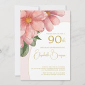 90TH誕生日金ゴールドピンクエレガントフローラ誕生日 招待状 (正面)