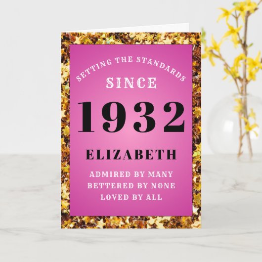 90th誕生日1932名前を追加ピンク金ゴールドシック カード (黄色い花)