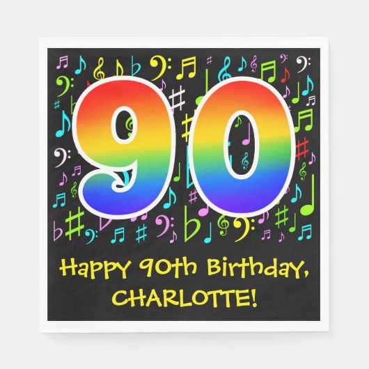 90th誕生日-カラフル Music Symbols, Rainbow 90 スタンダードランチョンナプキン (正面)