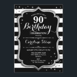 90th誕生日 – シルバー白黒ストライプズ 招待状<br><div class="desc">90番目の誕生日招待状。銀エレガントの黒いフェイクデザイン黒と白のストライプグリッター紙吹雪。エレガントな誕生日パーティーに最適。</div>