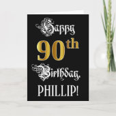 90th誕生日:ファンシースクリプト、フェイク金ゴールド・ルック、名前 カード (正面)