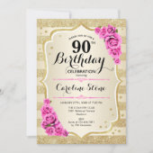 90th誕生日-金ゴールドスストライプピンクローズ招待状 招待状 (正面)
