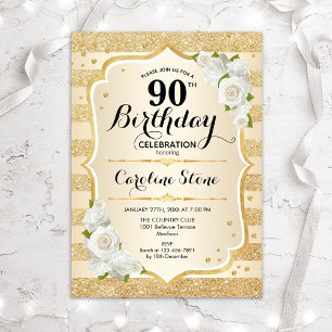 90th誕生日-金ゴールドズストライプホワイトローズ 招待状