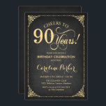 90th誕生日 – 黒板金ゴールド 招待状<br><div class="desc">90番目の誕生日招待状。エレガントヴィンテージブラックとフェイク金ゴールドデザインと黒板パターンとスクリプトフォント。応援90年！どんなパーソナライズされた時代にも入る！メッセージもしの詳細なカスタマイズが必要。</div>
