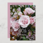 90th誕生祝い – ピンクローズ 招待状 (正面/裏面)