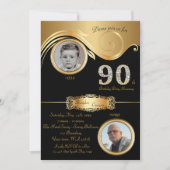 90th,誕生日マン90th,エレガント art deco，黒金ゴールド 招待状 (正面)