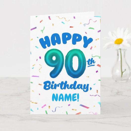 90th Balloon Number Custom Name Birthday Card カード (小さな植物)