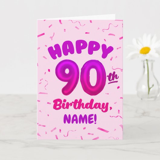 90th Balloon Number Custom Name Birthday Card カード (小さな植物)