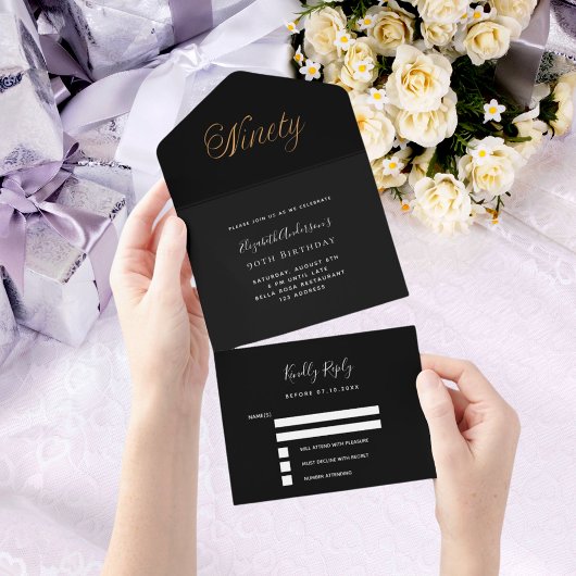 90th birthdayブラック金ゴールドスクリプトrsvp オールインワン招待状