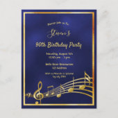 90th birthdayブルー金ゴールドミュージックノートへの招待 ポストカード (正面)