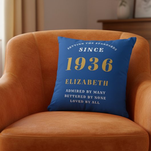 90th Birthday 1936 Add Name Blue Gold Personalized クッション