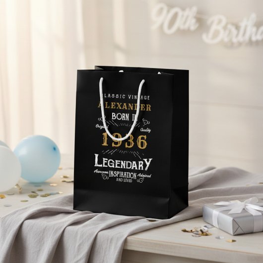 90th Birthday 1936 Add Name Legend Black Gold ミディアムペーパーバッグ