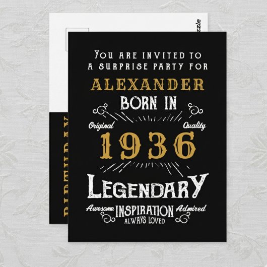 90th Birthday 1936 Black Gold Legend Invitation ポストカード