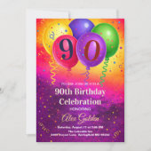 90th Birthday Balloon Confetti Party 招待状 (正面)