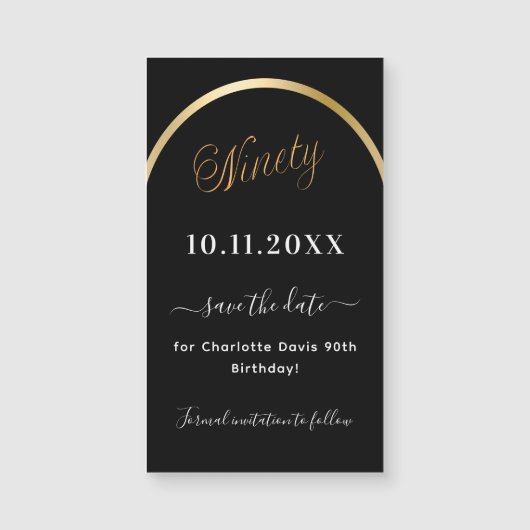 90th birthday black金ゴールドSave the Date magnet (正面)