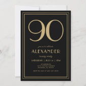 90th Birthday Black and Gold Modern Minimal Adult 招待状 (正面)