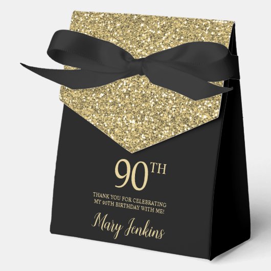 90th Birthday Black Gold Glitter Thank You フェイバーボックス (正面)