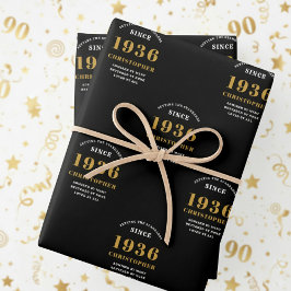 90th Birthday born 1936 Add Name Black Gold ラッピングペーパーシート