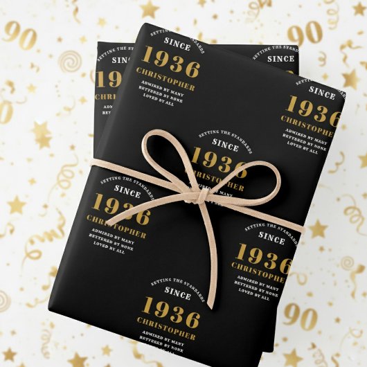 90th Birthday born 1936 Add Name Black Gold ラッピングペーパーシート