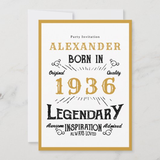 90th Birthday Born 1936 White Gold Legend 招待状 (正面)