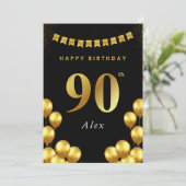 90th Birthday Card Black and Gold Balloons カード (スタンド正面)