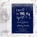 90th Birthday - Cheers To 90 Years Silver Navy 招待状<br><div class="desc">90th Birthday Invitation. Cheers To 90 Years! Elegant design in navy,  white and silver. Features champagne glasses,  script font and glitter silver confetti. Perfect for a stylish ninetieth birthday party. Personalize with your own details. Can be customized to show any age.</div>