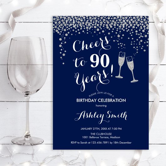 90th Birthday - Cheers To 90 Years Silver Navy 招待状
