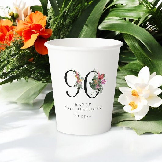 90th Birthday Cheers with Name Tropical Floral 紙コップ