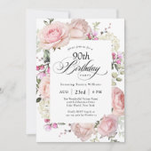 90th Birthday Elegant Pink Roses Calligraphy 招待状 (正面)