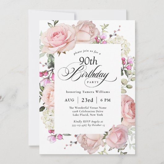 90th Birthday Elegant Pink Roses Calligraphy 招待状 (正面)