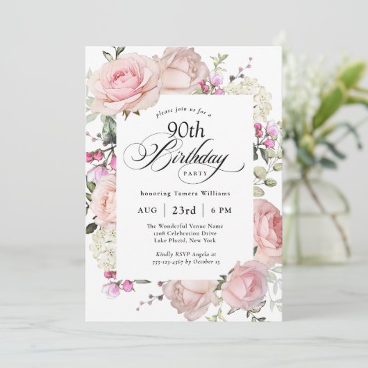 90th Birthday Elegant Pink Roses Calligraphy 招待状 (スタンド正面)