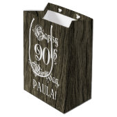 90th Birthday: Fancy, Faux Wood Look + Custom Name ミディアムペーパーバッグ (裏面アングル)