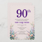 90th Birthday Floral Pink and Purple 招待状 (正面/裏面)
